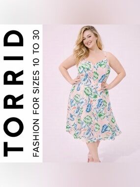 Torrid Pink Midi Challis Sweetheart Tropical Leaves Midi Dress, Large, NWT!